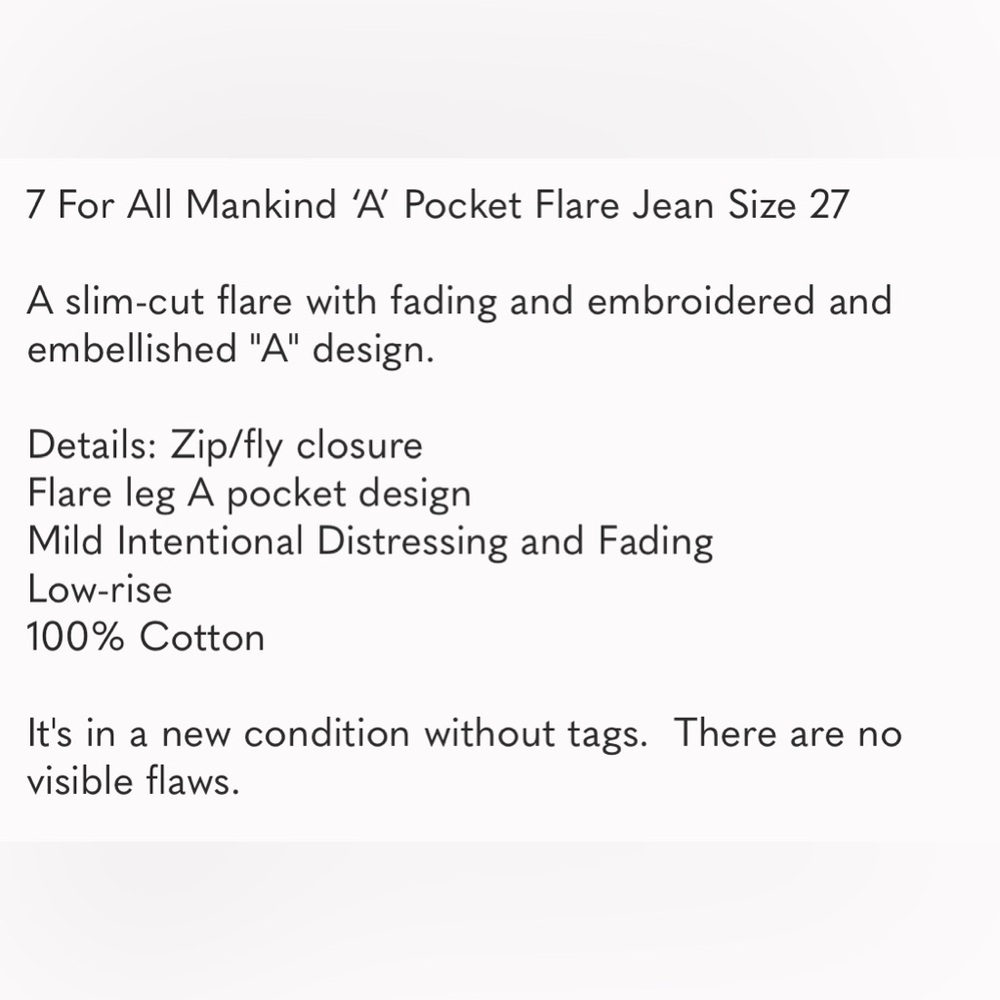 NWOT 7 For All Mankind ‘A’ Pocket Flare Jean Size 27 - Picture 13 of 13